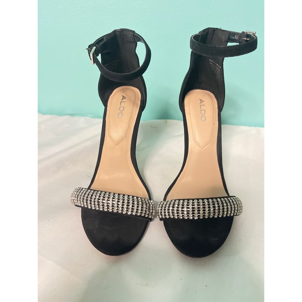 ALDO Black Heeled Sandals with Rhinestone Strap Elegant Evening Shoes S-8